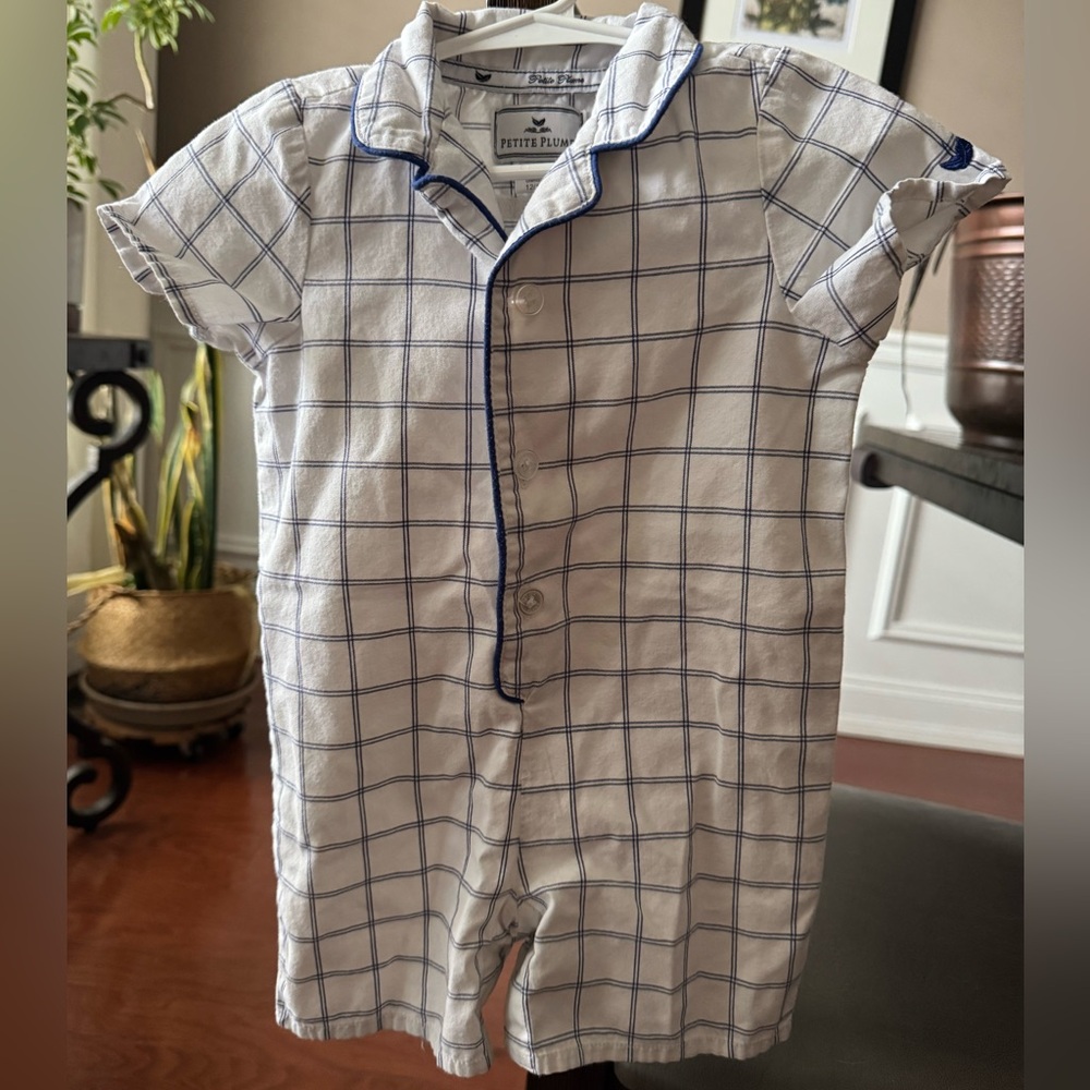 Petite Plum baby boy outfit. White with blue trim. 12-18 months